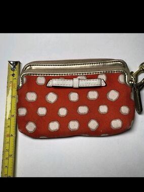 Coach Authentic Polka Dot Orange Canvas Wristlet with Metallic Trim